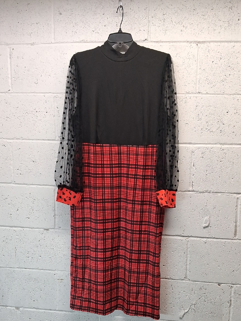 NWT Womens Xpluswear Black & Red Plaid Mixed-Media Midi Dress